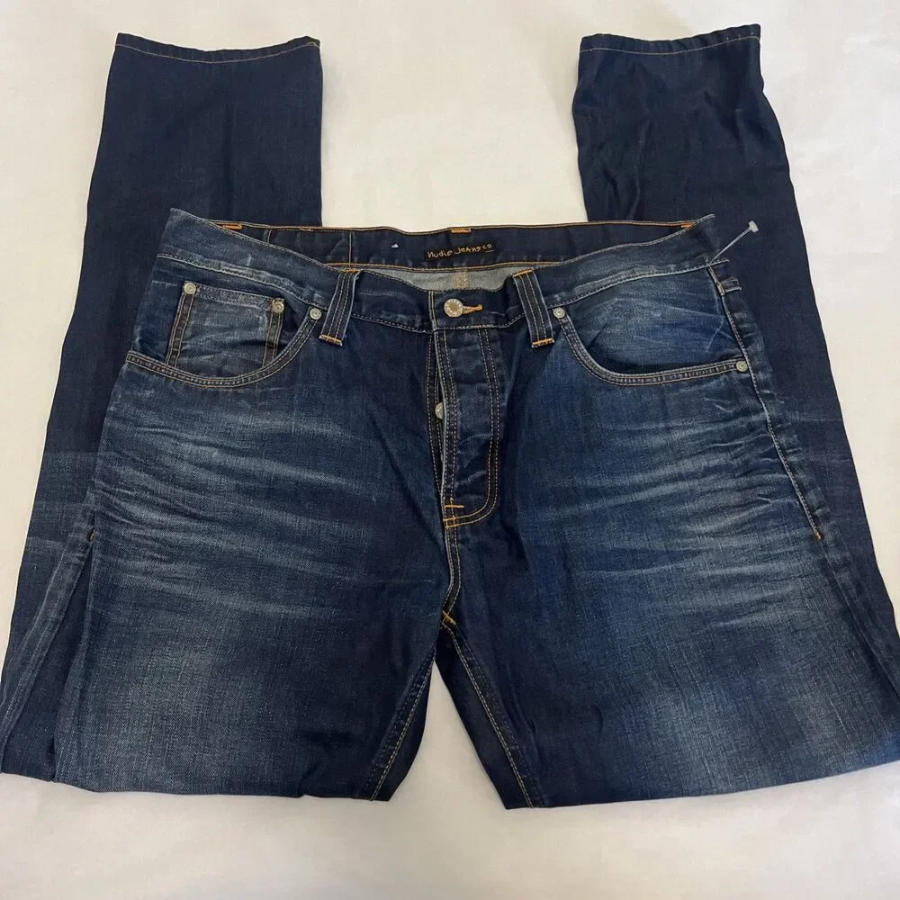 NUDIE JEANS Men's Big Bengt Jeans Nordic Ice Blue Cotton Button Fly Size 36x32